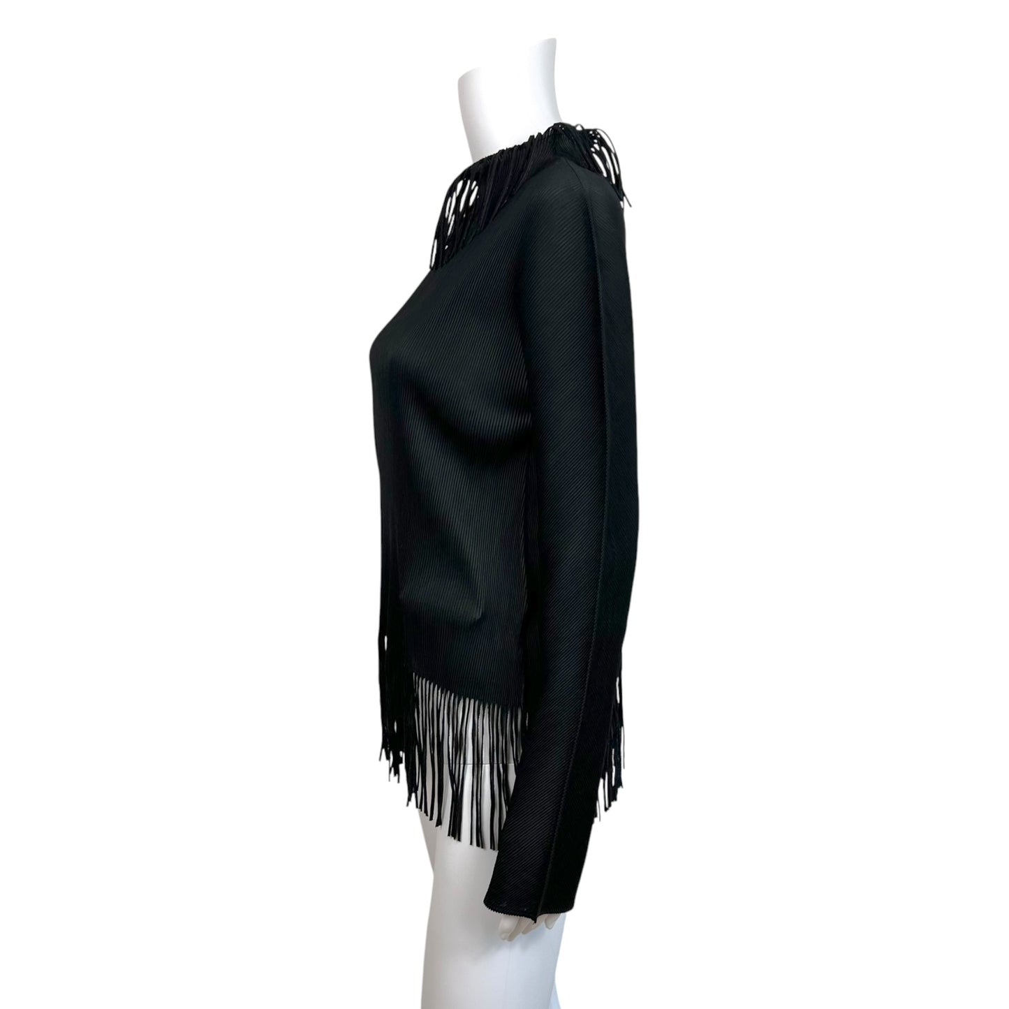 Issey Miyake Pleats Please Black Fringe Trim Pleated Longsleeve Blouse