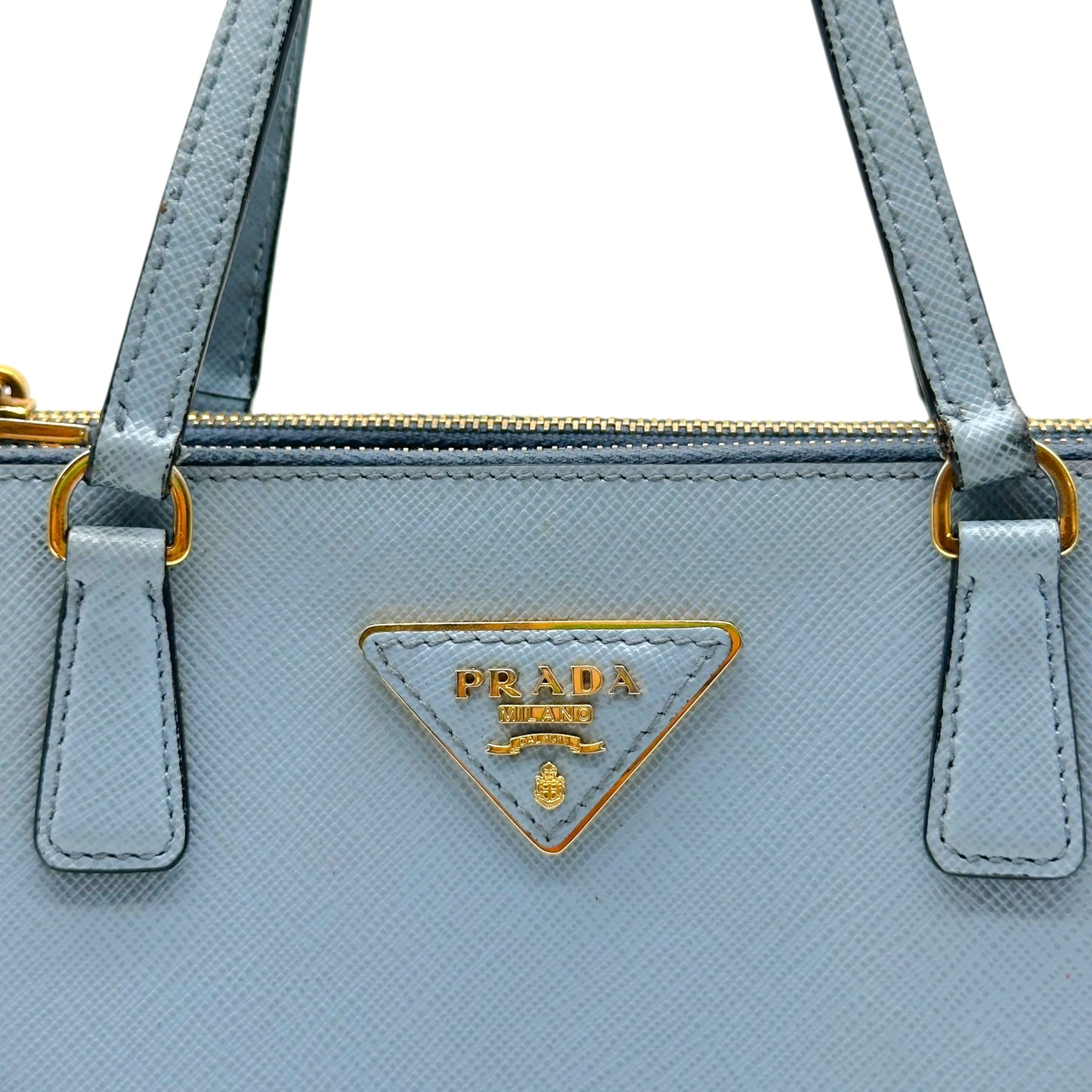 Prada Light Blue & Gold Studded Saffiano 2-Way Mini Tote Bag
