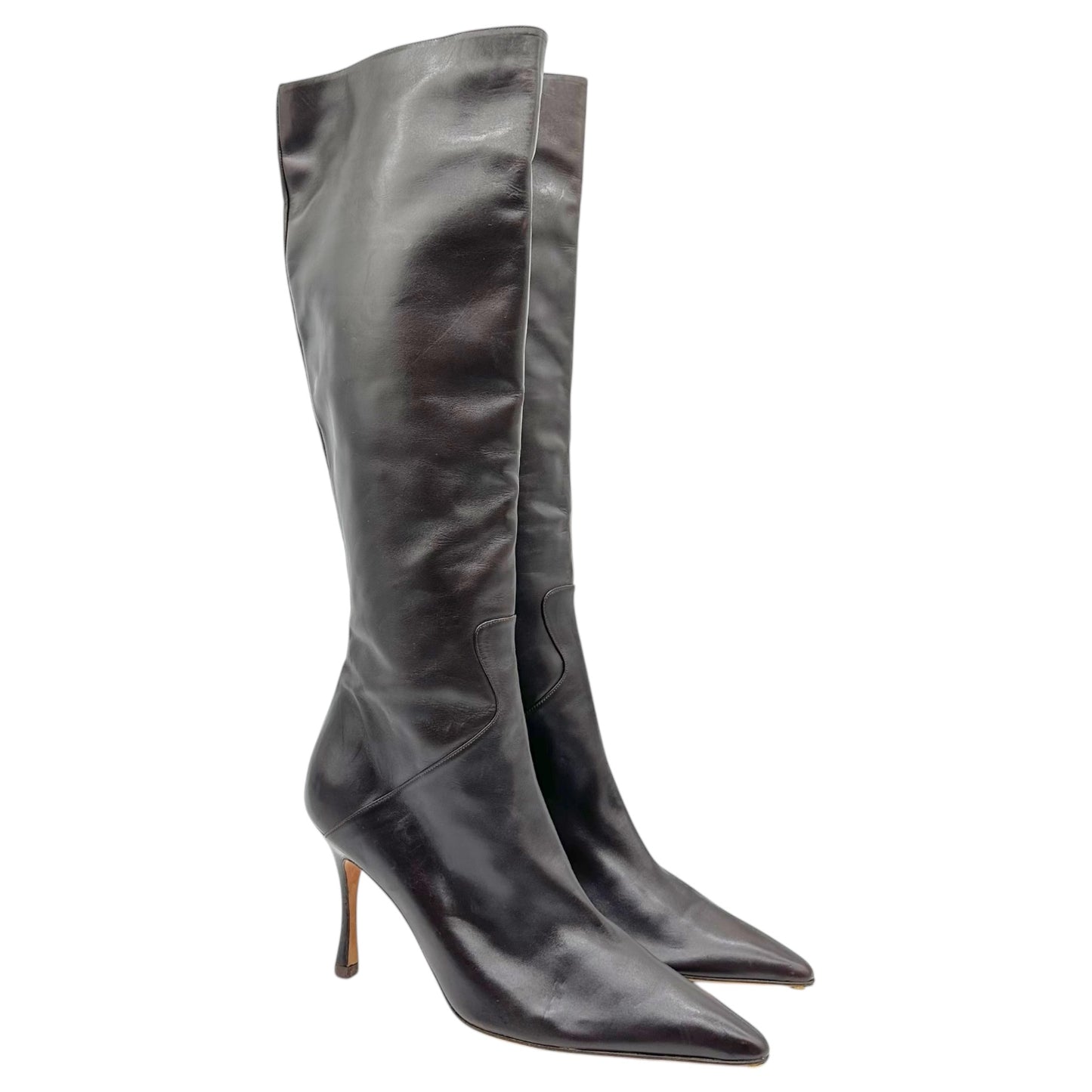 Manolo Blahnik Chocolate Brown Leather Pointed Toe Boots