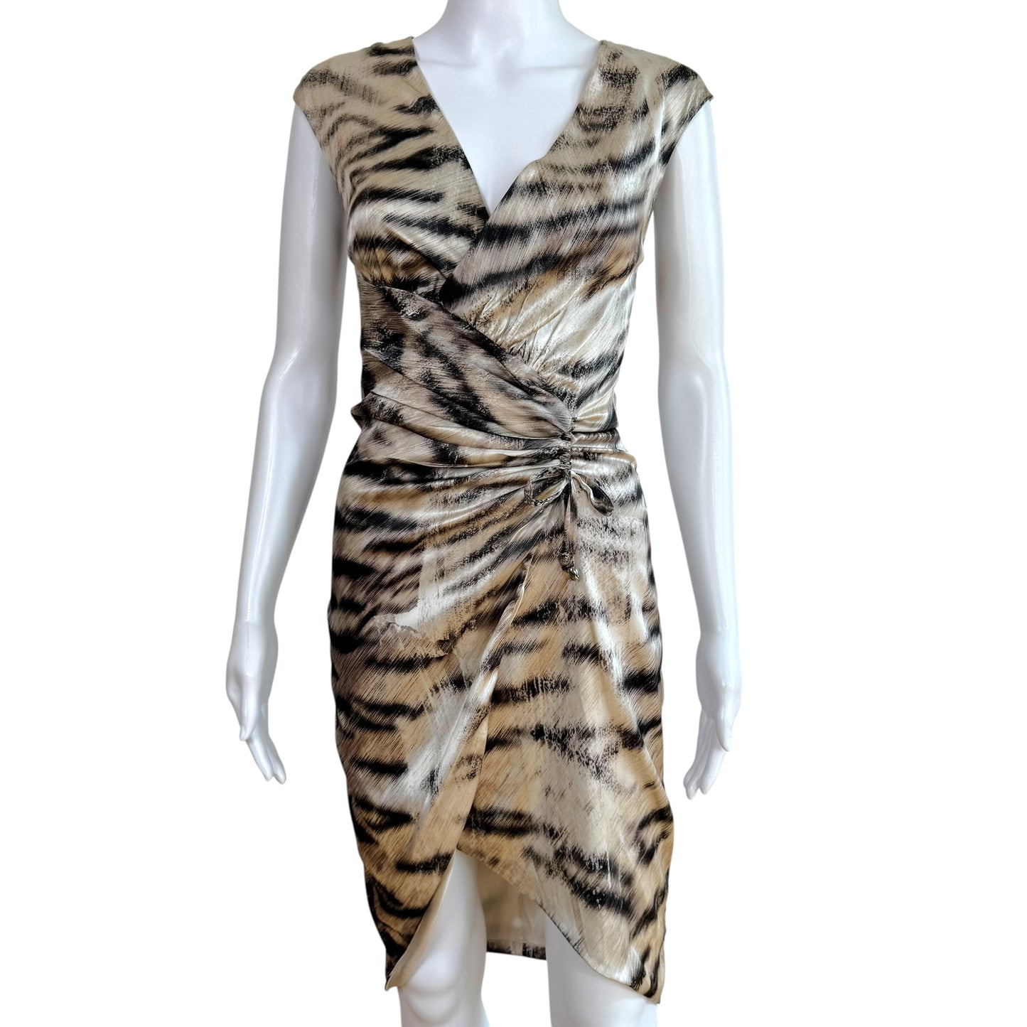 Roberto Cavalli Gray Tiger Print Silk Wrap Midi Dress