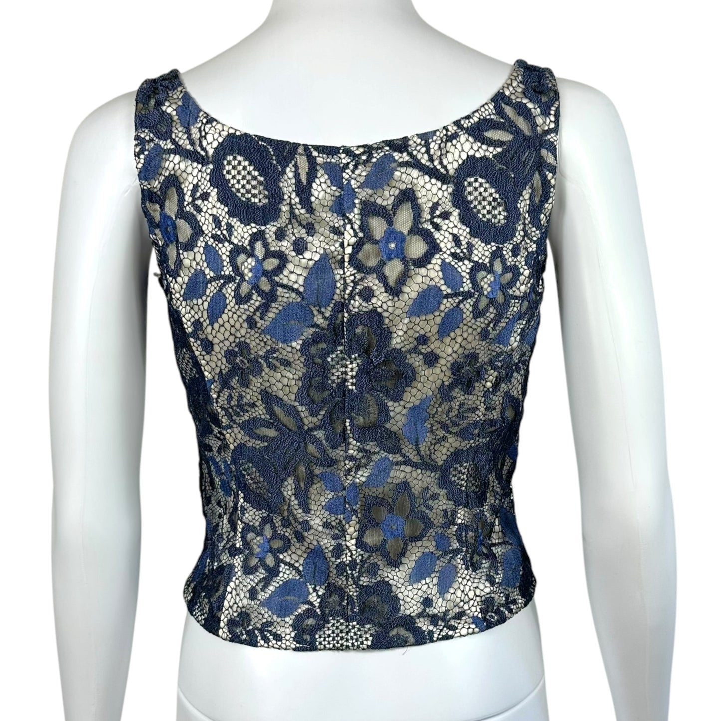Escada Ivory Silk & Navy Blue Lace Bustier Top