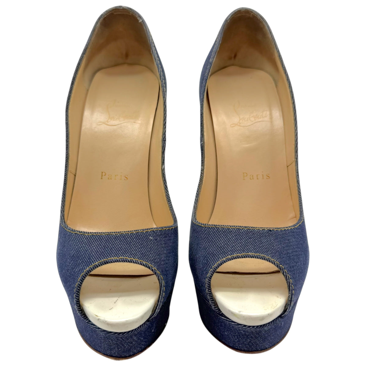 Christian Louboutin Denim & White Leather Peep Toe Platform Pumps