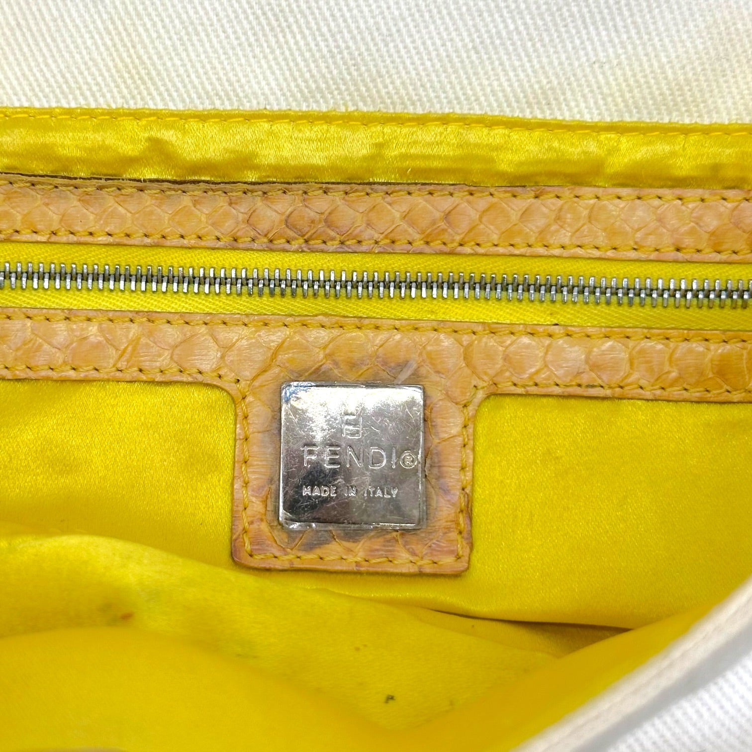 Fendi Baguette Bag White Denim Yellow Python Trim