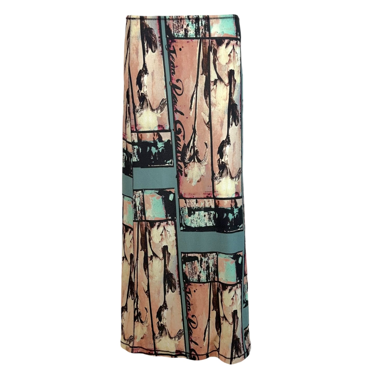 Jean Paul Gaultier Teal Blue & Pink Logo Print Maxi Skirt