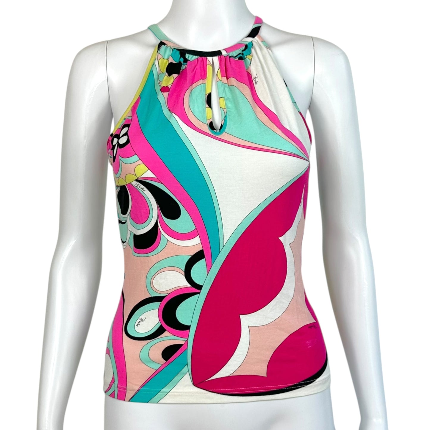 Emilio Pucci Pink & Blue Printed Keyhole Cut-Out Tank