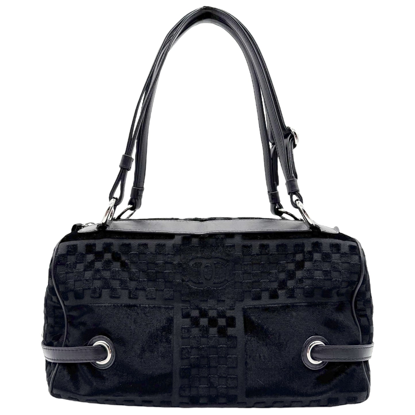 Chanel Black Lambskin & Velvet Checkered Logo Shoulder Bag 2005-06 - Outfit Repeater