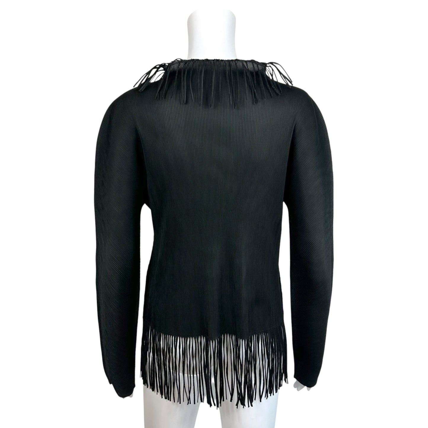 Issey Miyake Pleats Please Black Fringe Trim Pleated Longsleeve Blouse