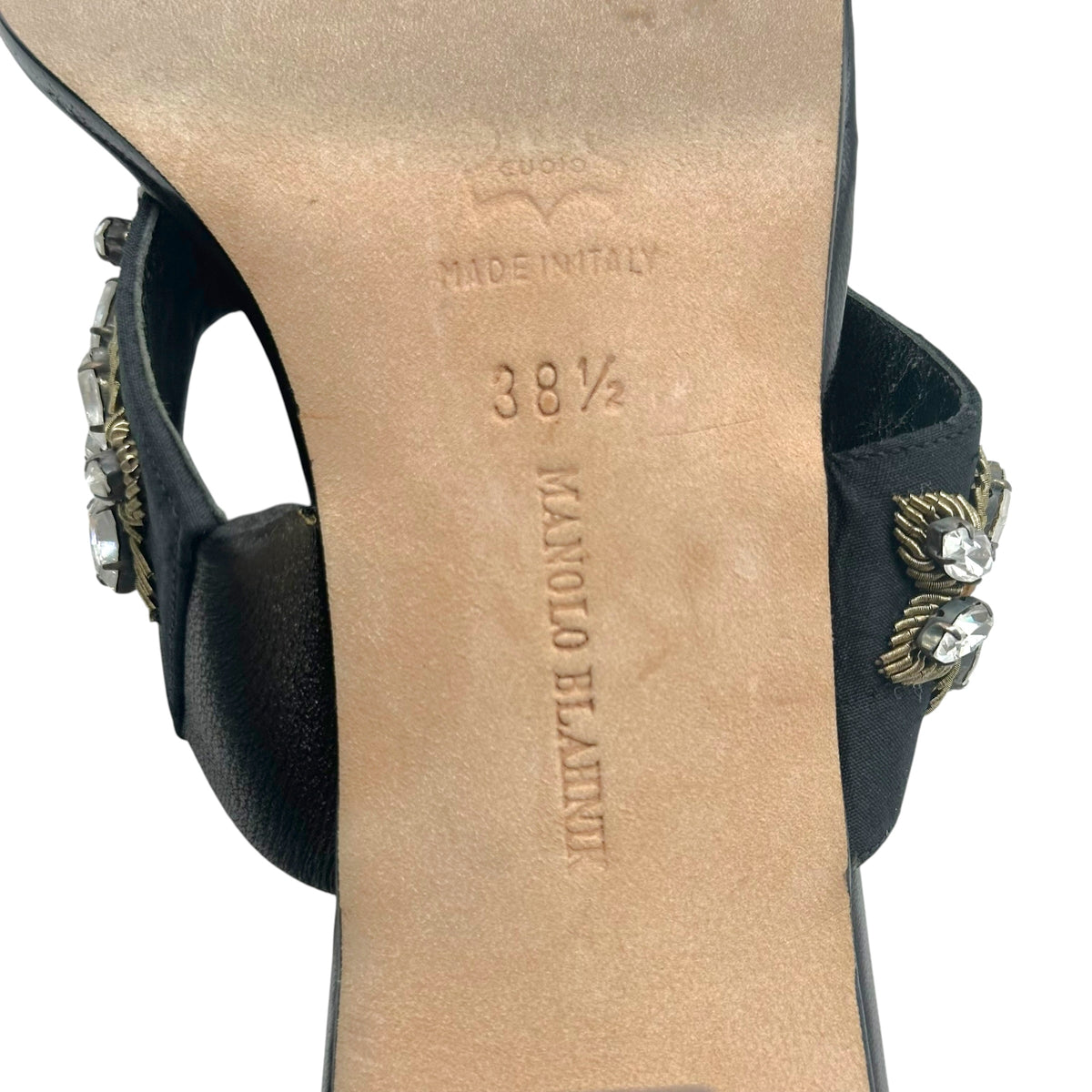 Manolo Blahnik Black Beaded Strap Kitten Heel Sandals