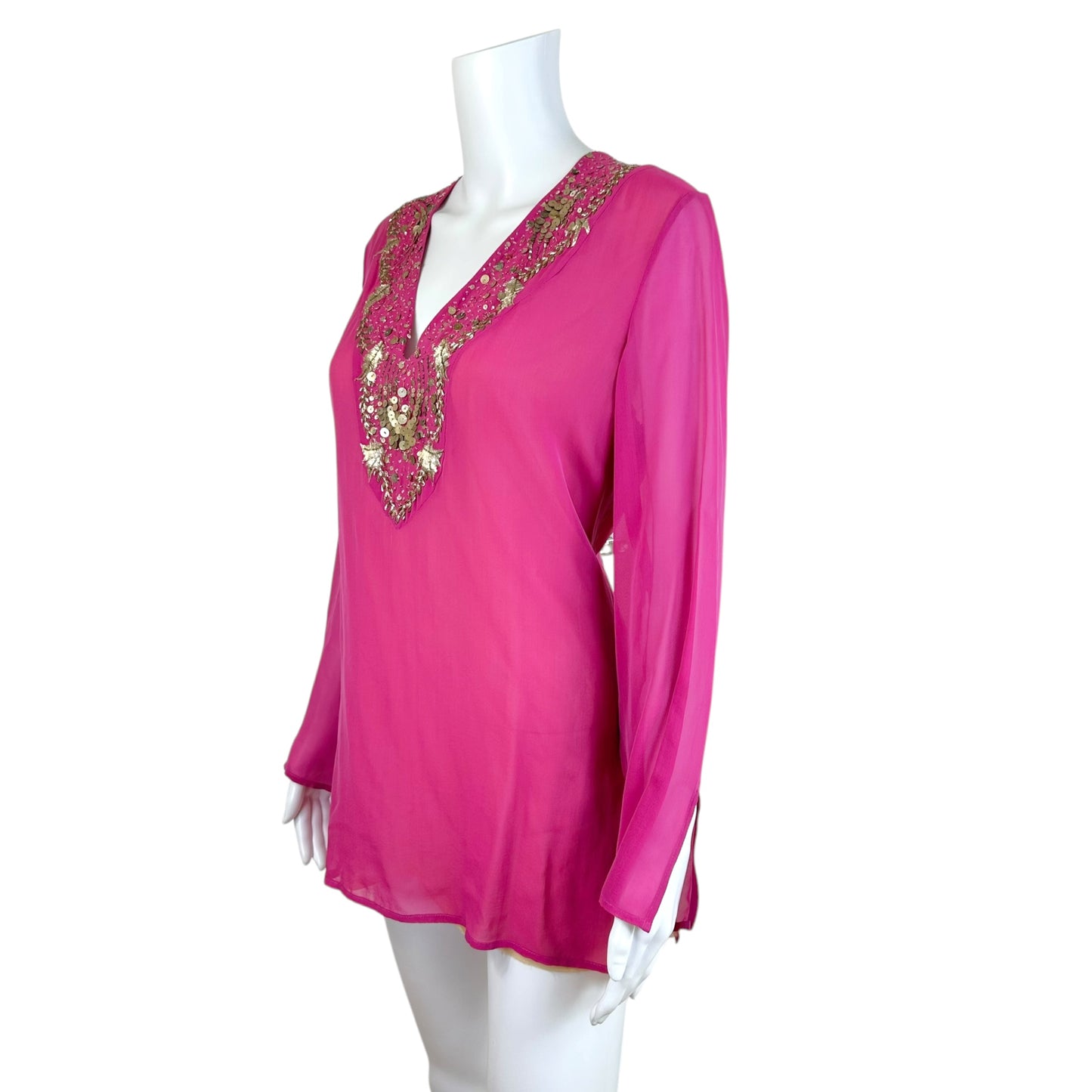 Versace Pink Sheer Blouse With Silk Sequin Trim