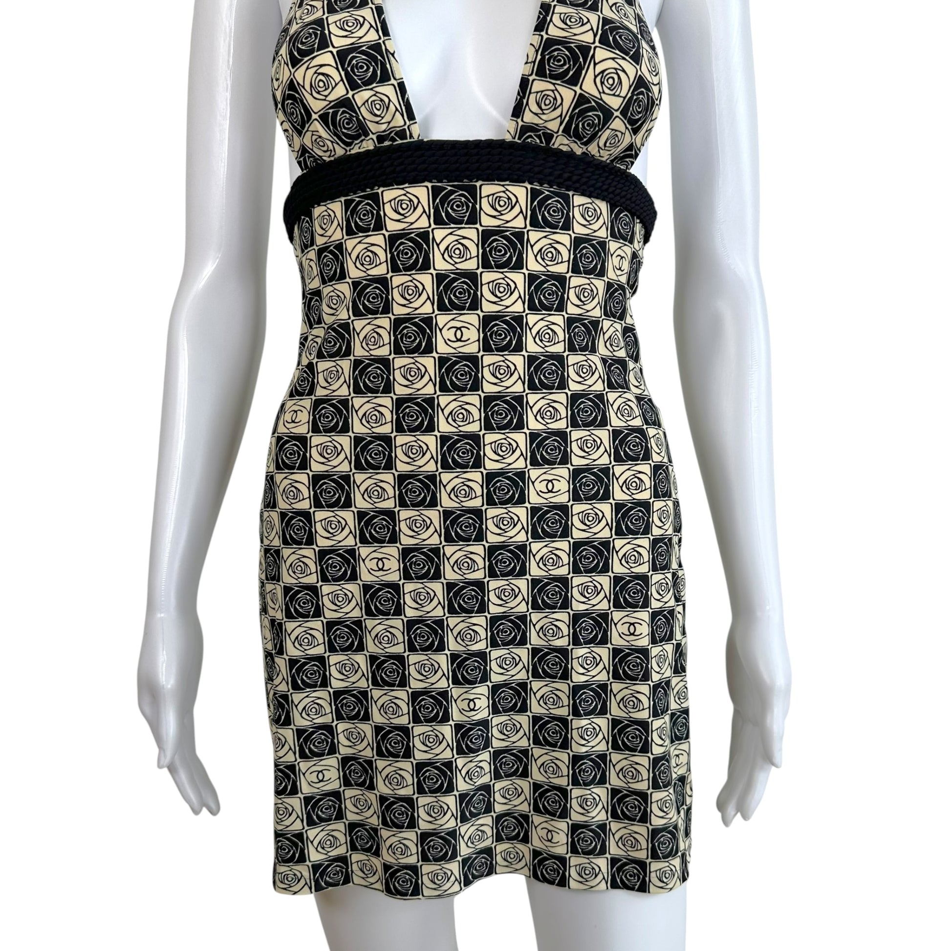 Chanel Halter Mini Dress Black Beige Camellia Print