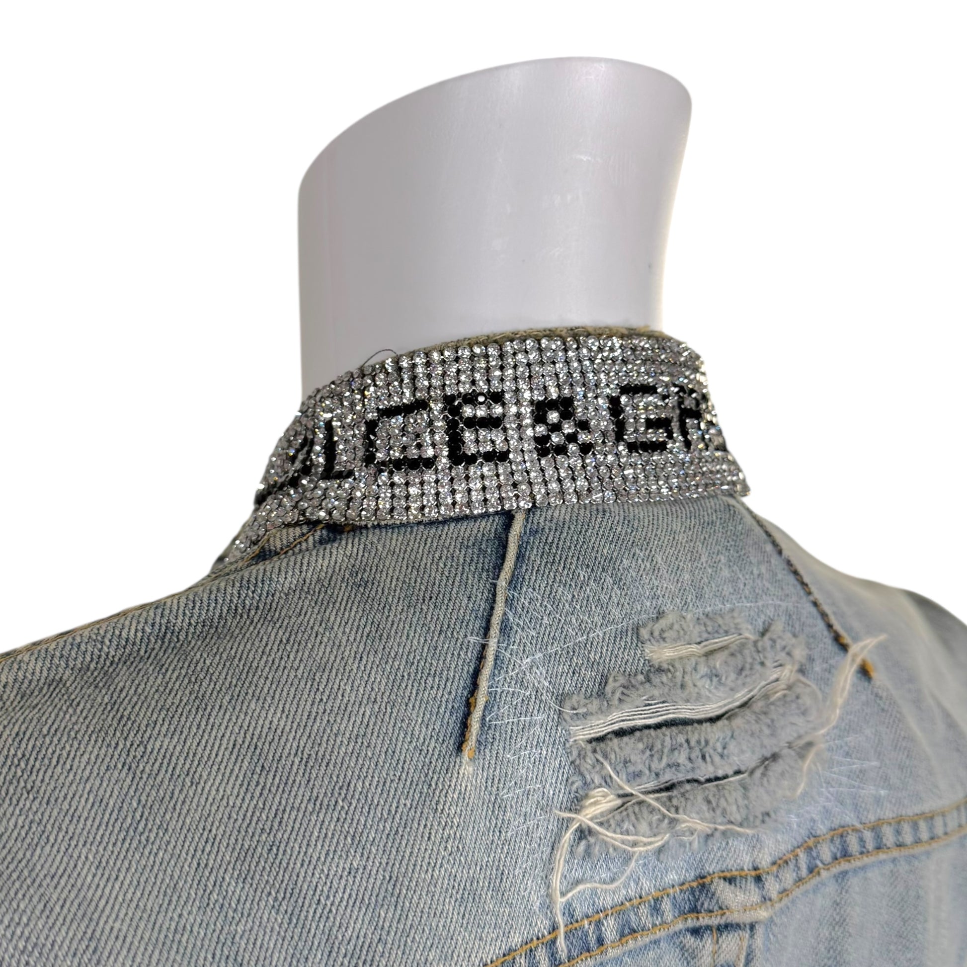 Dolce & Gabbana Denim Hook & Eye Rhinestone Logo Collar Denim Jacket - Outfit Repeater