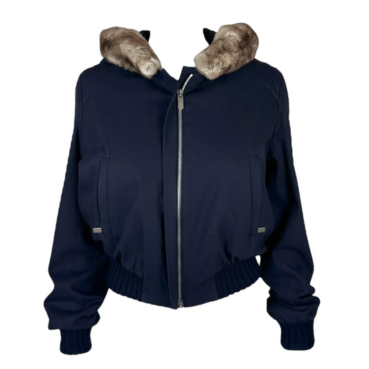 Celine Rabbit Fur Trim Hooded Navy Blue Bomber Jacket