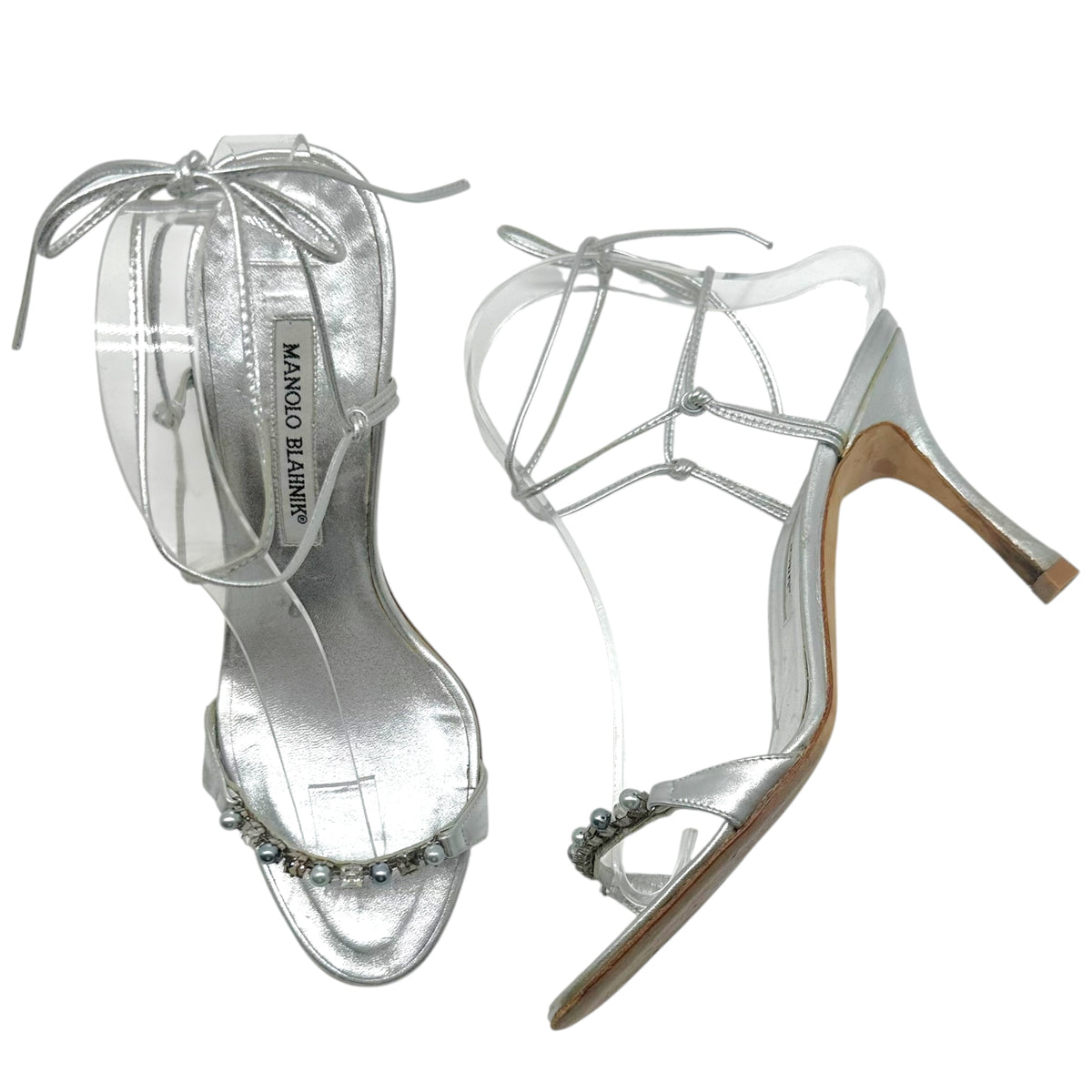 Manolo Blahnik Silver Crystal Pearl Strappy Wrap Heels
