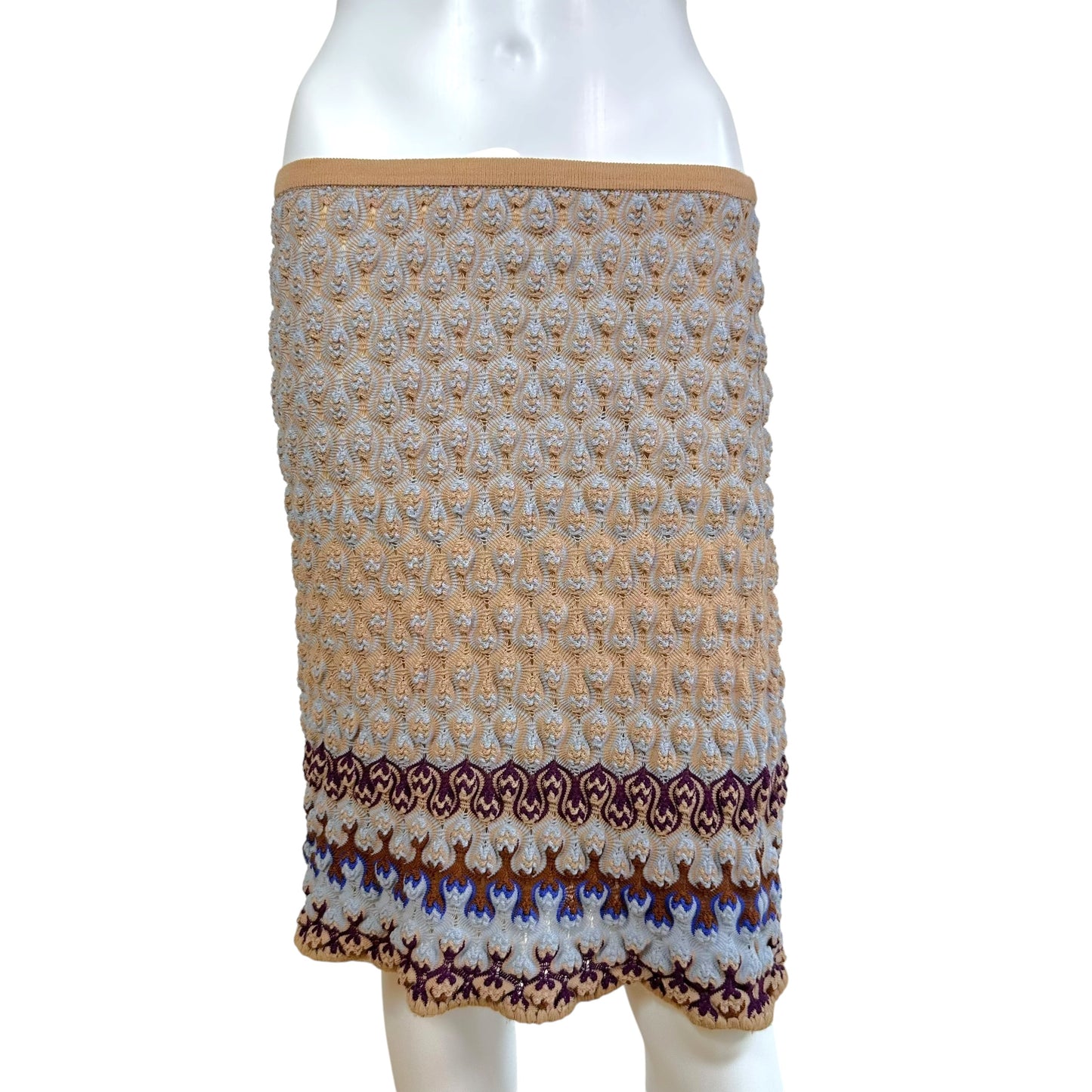 Missoni Beige & Blue Chevron Knit Midi Skirt
