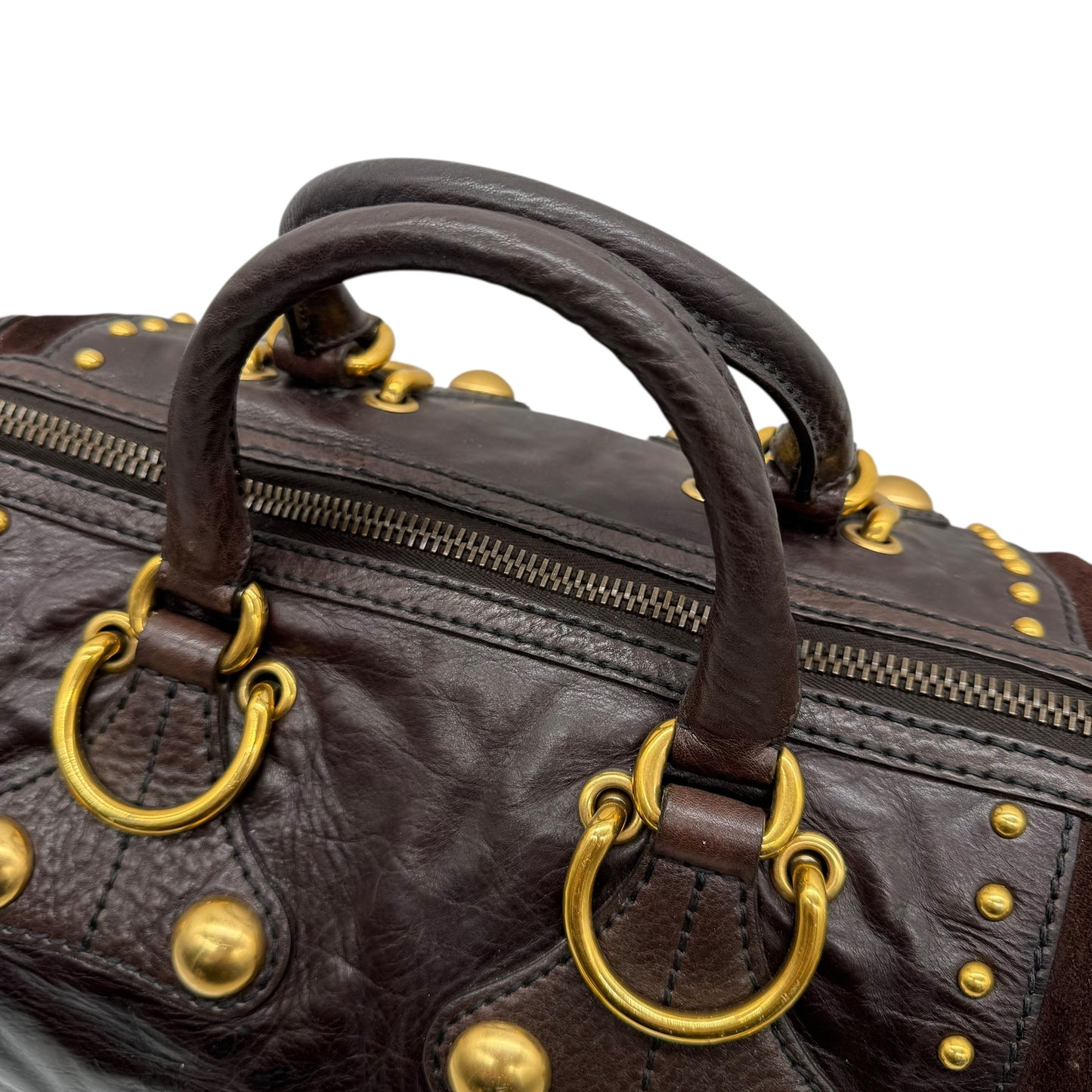 Gucci Babouska Brown Leather & Suede Studded Boston Bag - Outfit Repeater