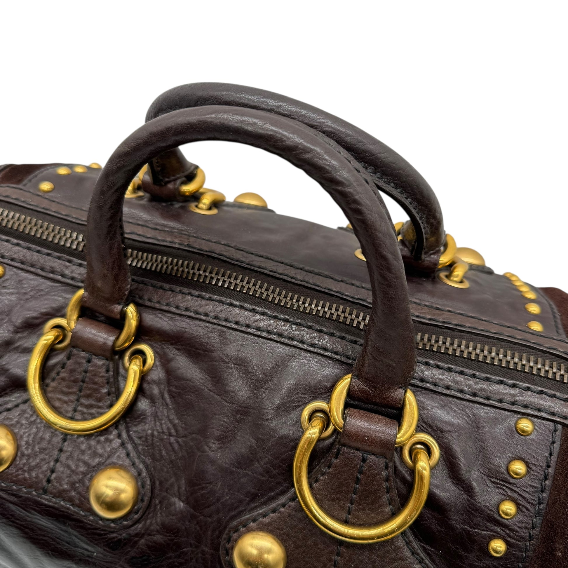 Gucci Babouska Brown Leather & Suede Studded Boston Bag - Outfit Repeater