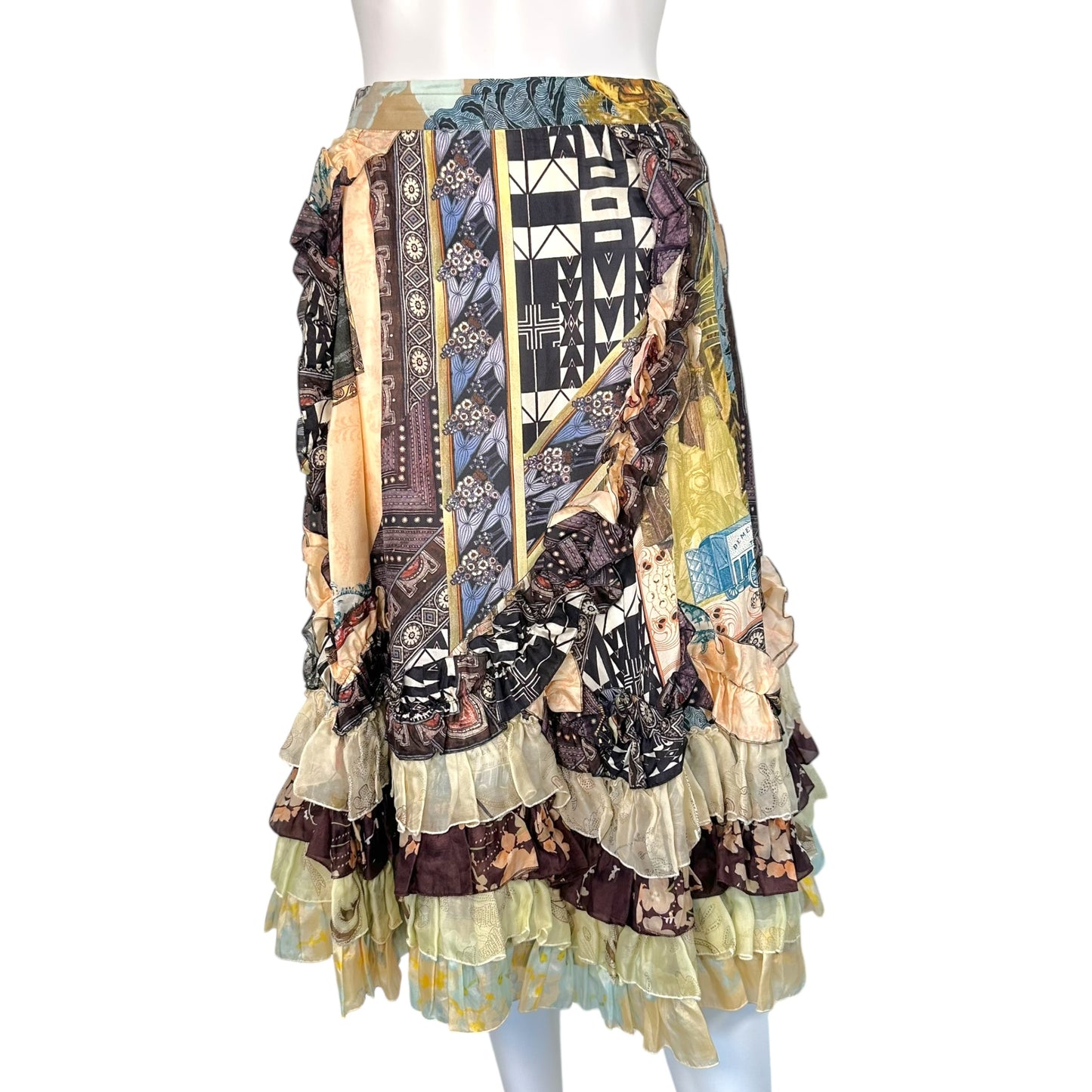 Christian Lacroix Multi-Print Tiered Silk Ruffle Midi Skirt