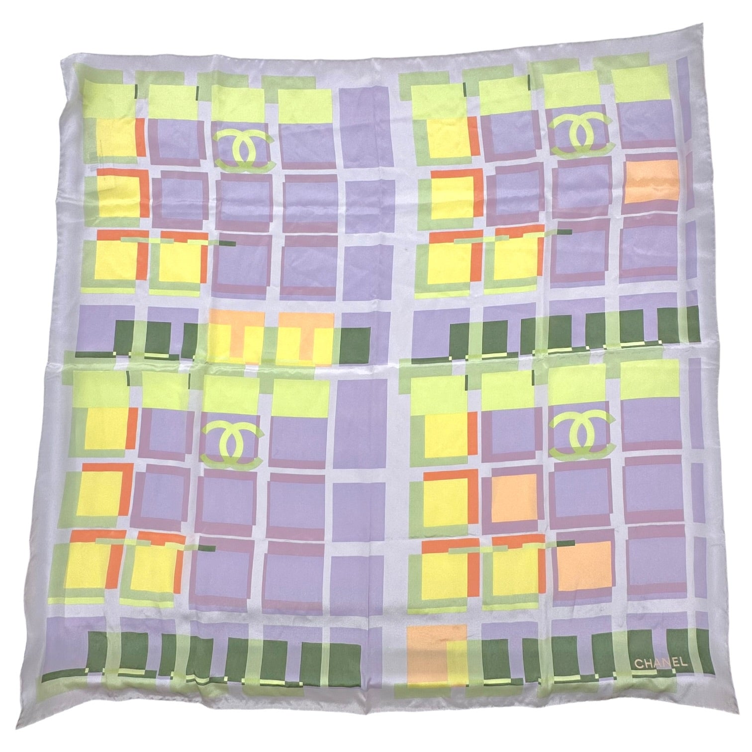 Chanel Silk Square Scarf Pastel Purple Multicolor CC Logo