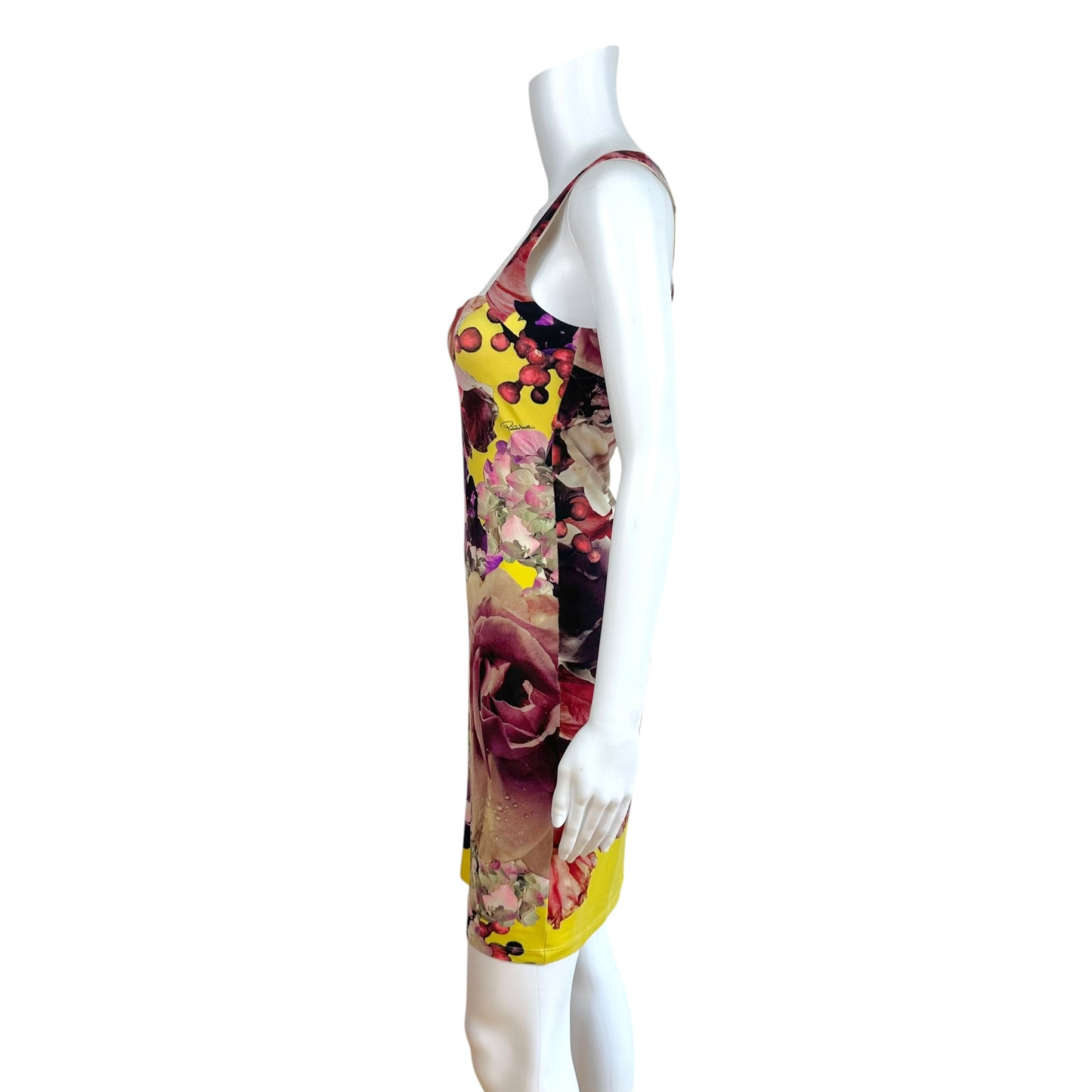 Roberto Cavalli Bright Yellow & Purple Floral Print Cross-Back Mini Dress