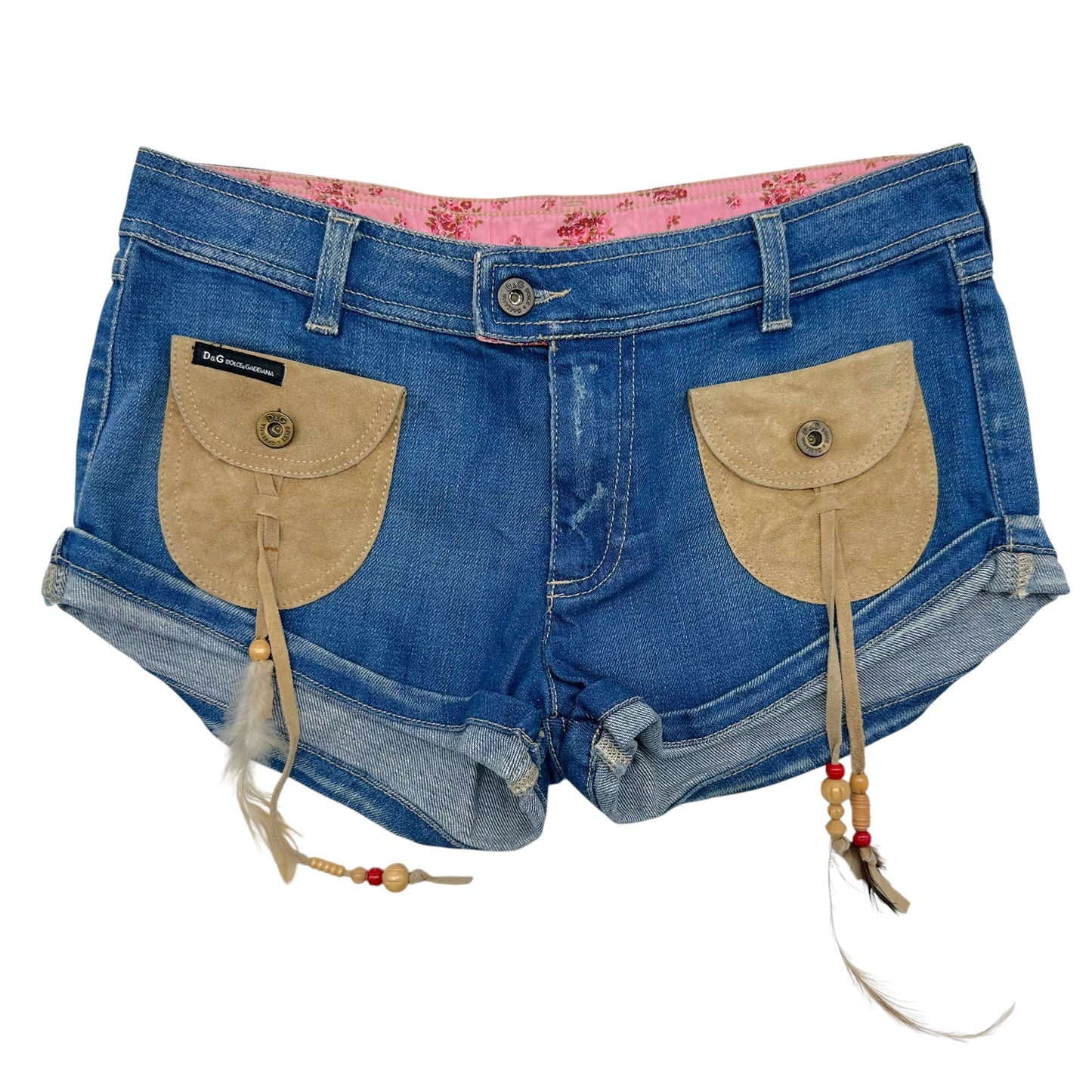 D&G Dolce & Gabbana Denim & Suede Feather Embellished Mini Shorts