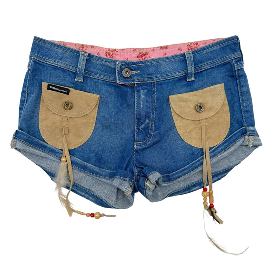 D&G Dolce & Gabbana Denim & Suede Feather Embellished Mini Shorts