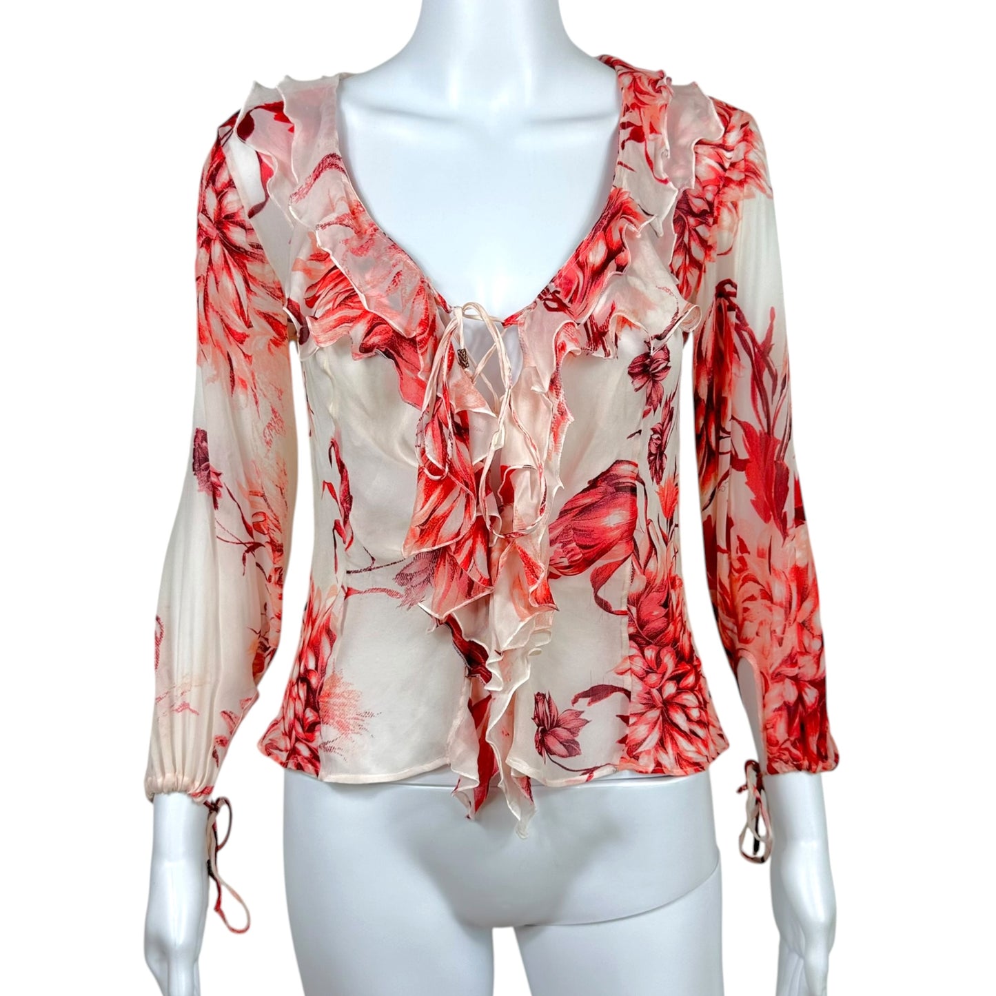 Roberto Cavalli 2002 Pink & White Floral Sheer Silk Ruffle Trim Blouse