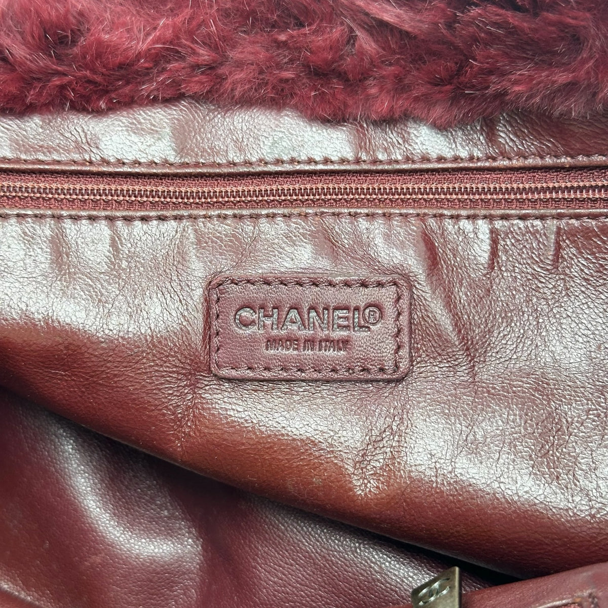 Chanel Burgundy Rabbit Fur Chain Strap Medium Shoulder Tote Bag 2000-03