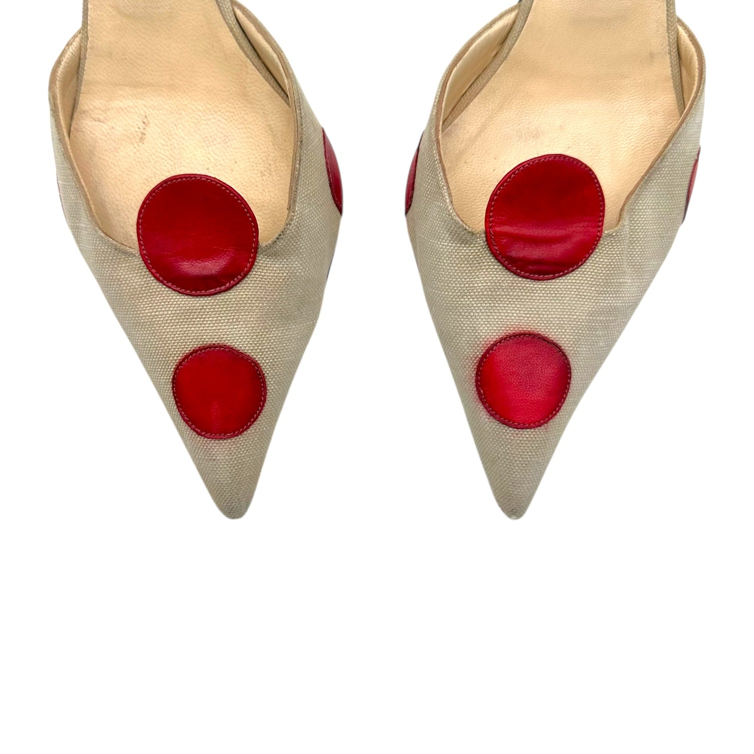 Manolo Blahnik Ivory & Red Polka Dot Kitten Heel Mules - Outfit Repeater