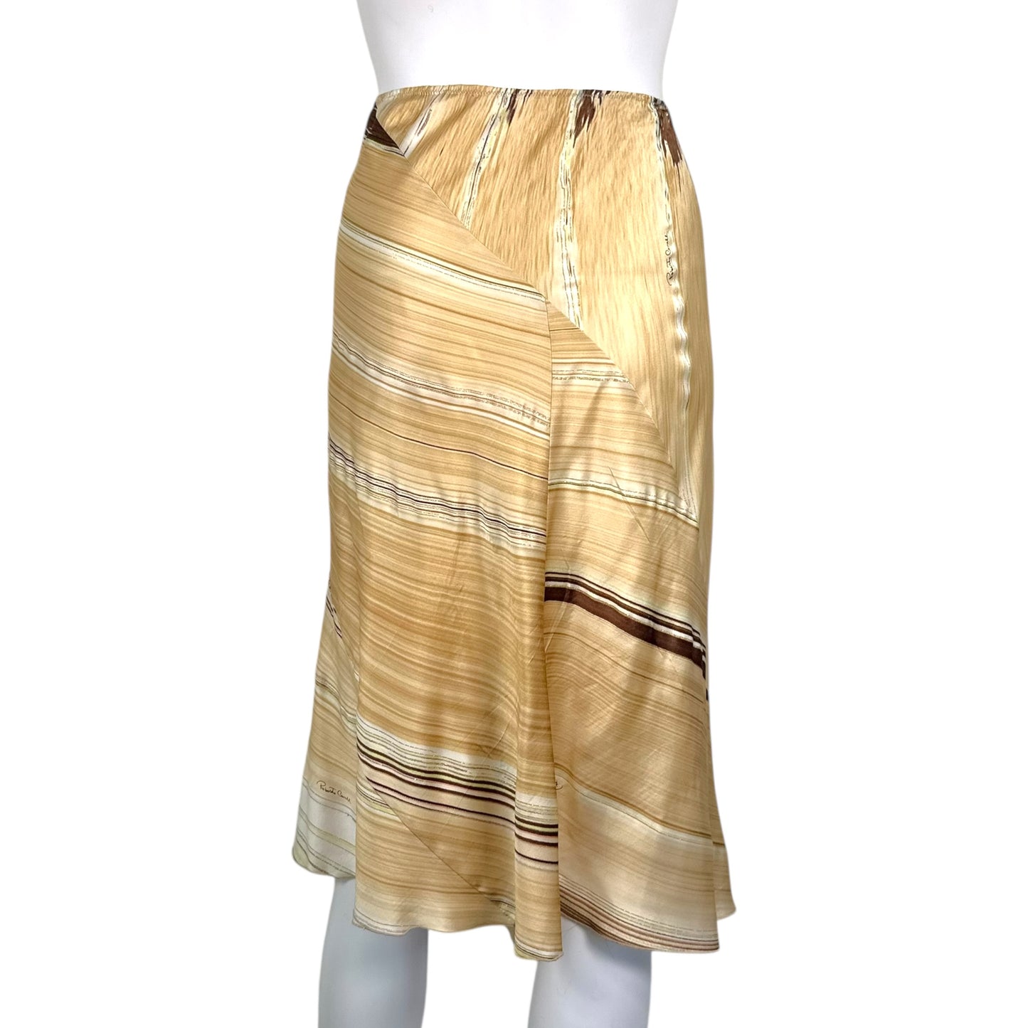 Roberto Cavalli S/S 2003 Silk Feather Print Asymmetrical Midi Skirt