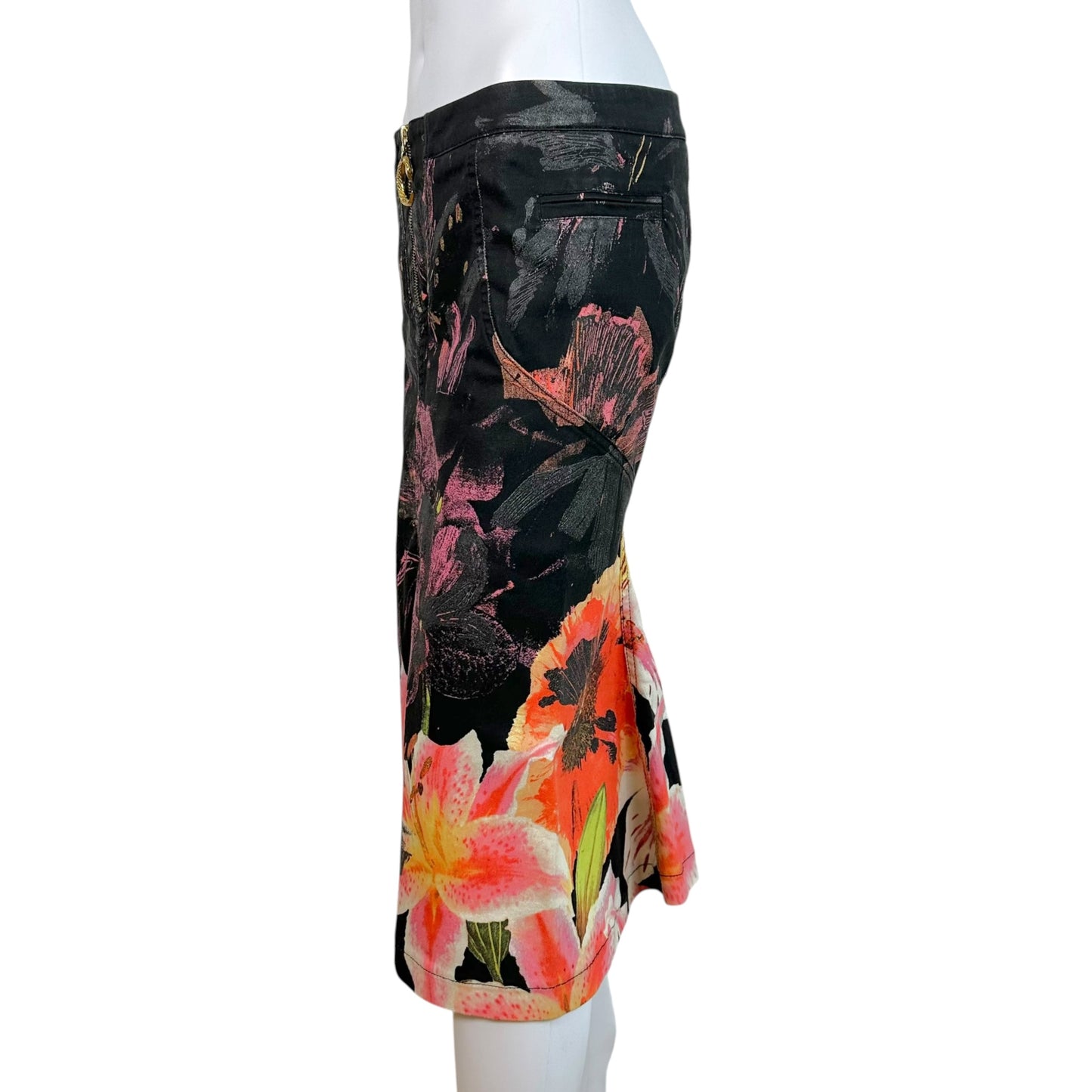 Roberto Cavalli Midi Denim Skirt Pink Black Floral Print