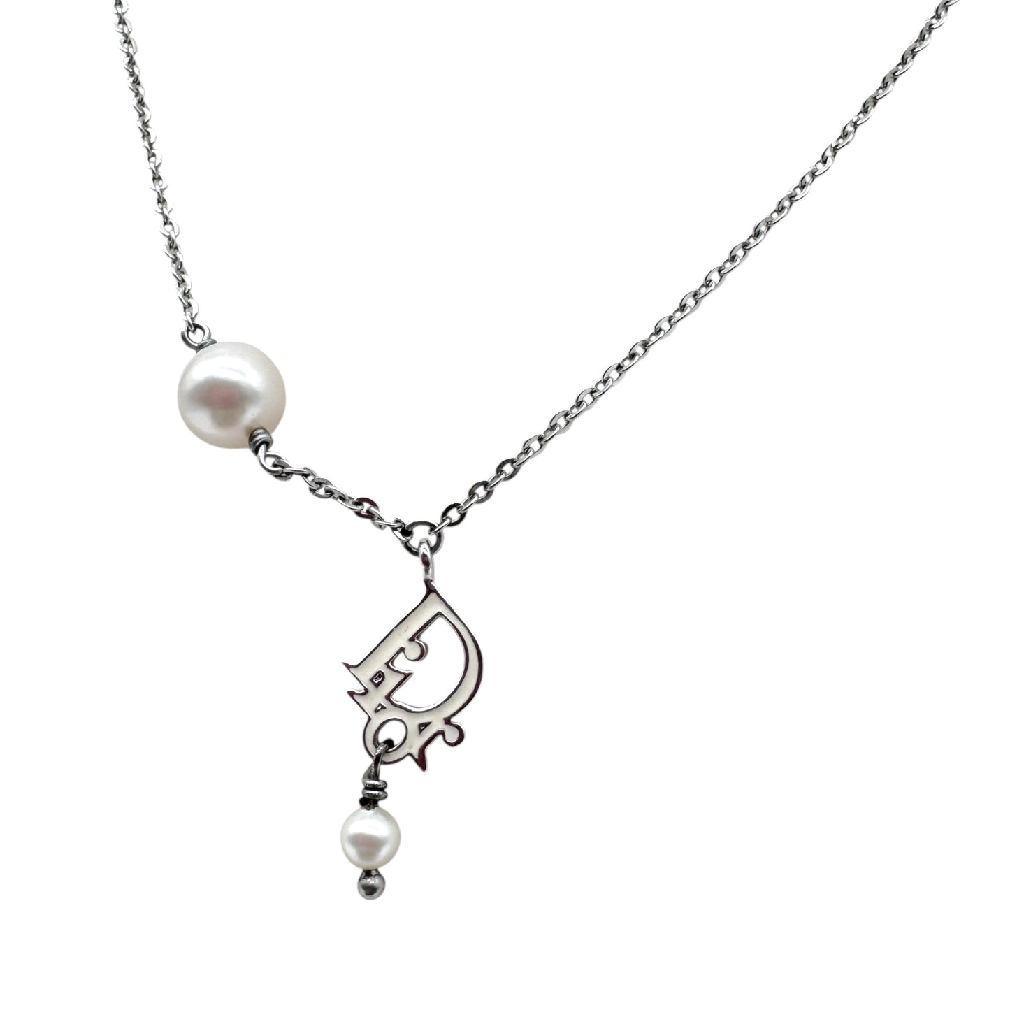 Christian Dior Silver Logo & Pearl Charm Necklace