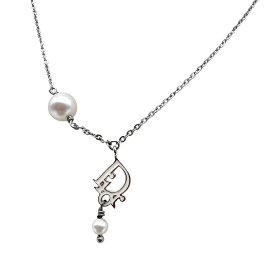 Christian Dior Silver Logo & Pearl Charm Necklace