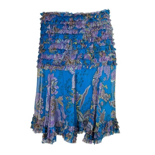 Blumarine Blue & Purple Floral Print Ruffle Trim Silk Midi Skirt - Outfit Repeater