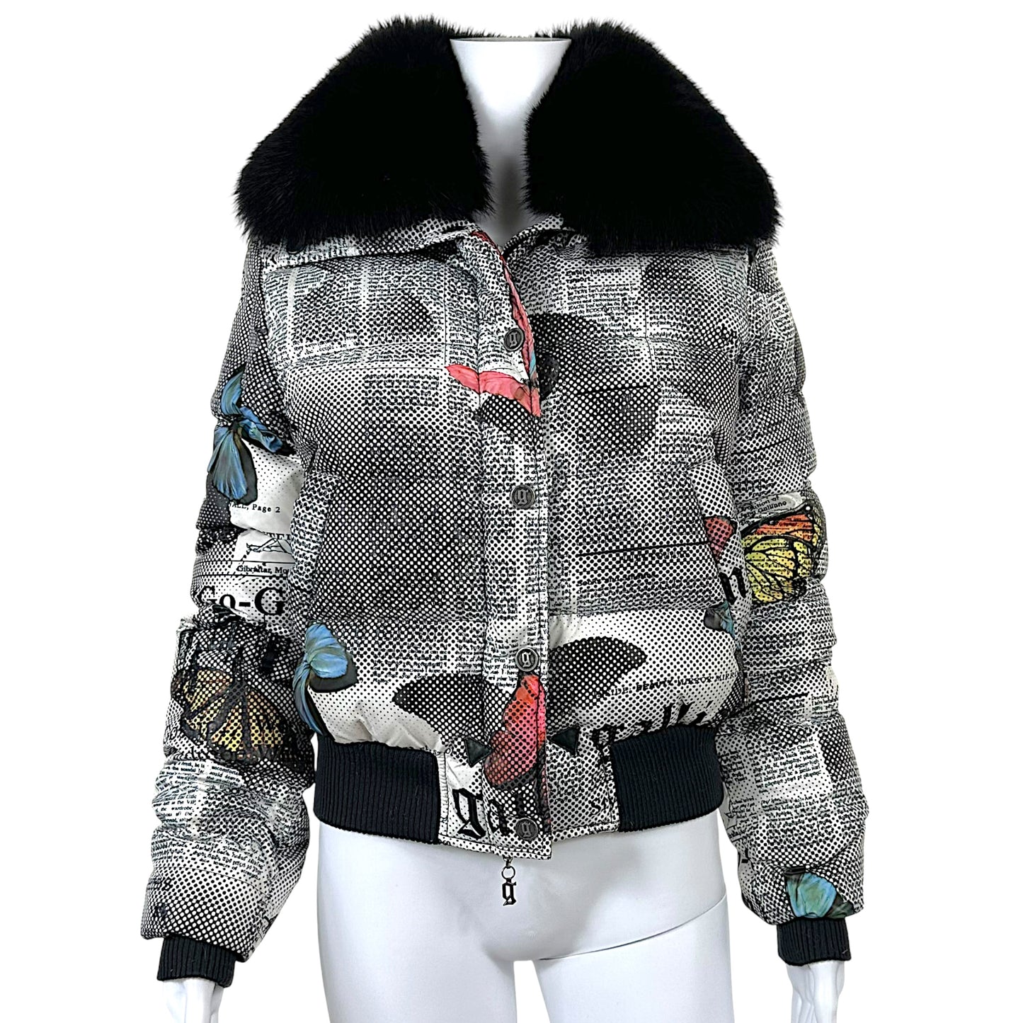 John Galliano Gazette Print Down Puffer Coat w/ Fox Fur Collar