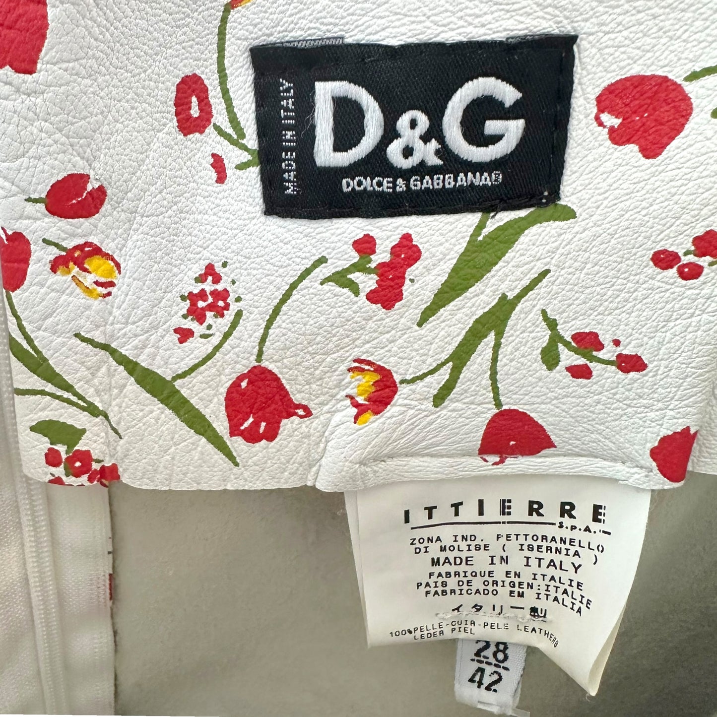 D&G Dolce & Gabbana White & Red Floral Print Leather Mini Skirt