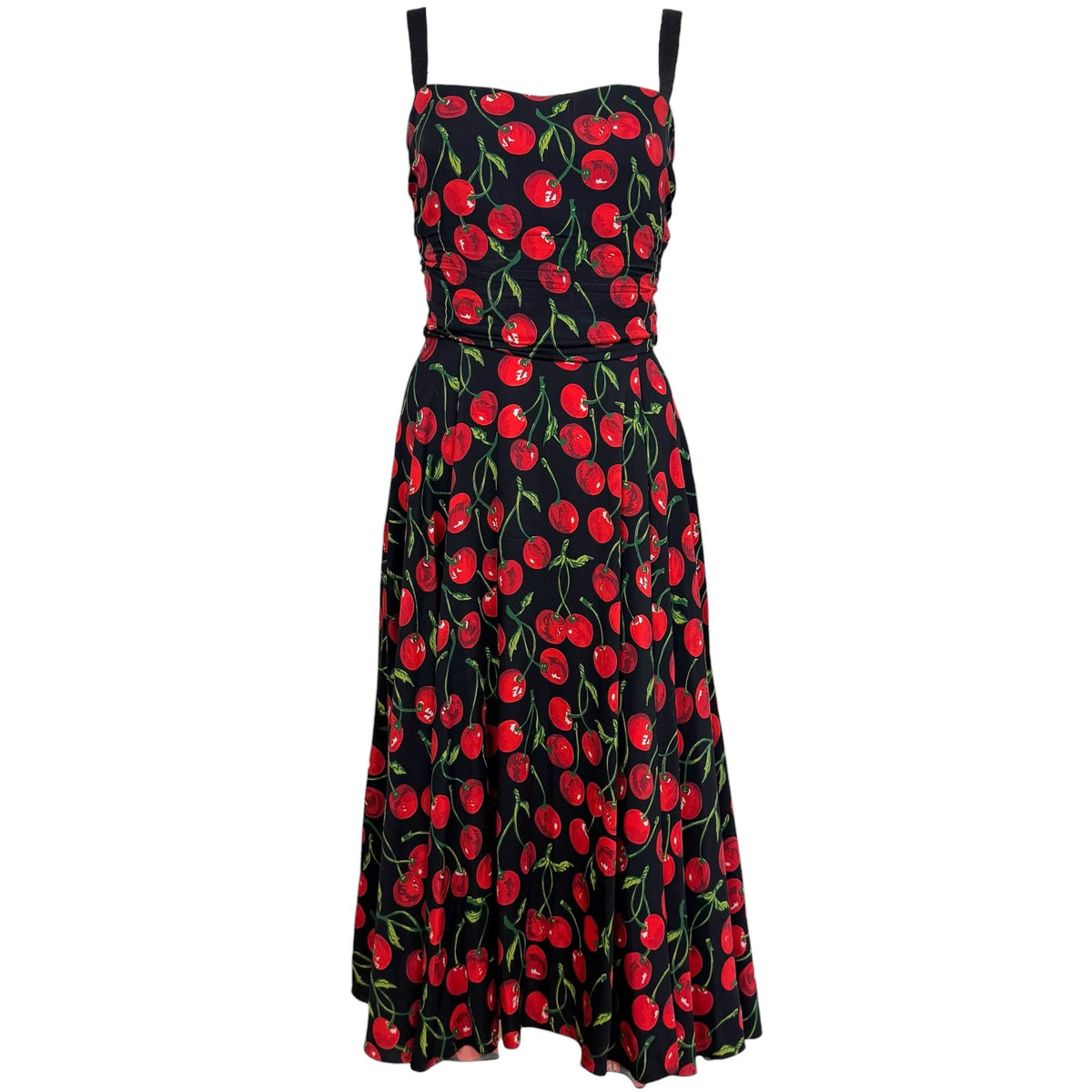 Dolce & Gabbana Black Red Cherry Print Silk Midi Dress