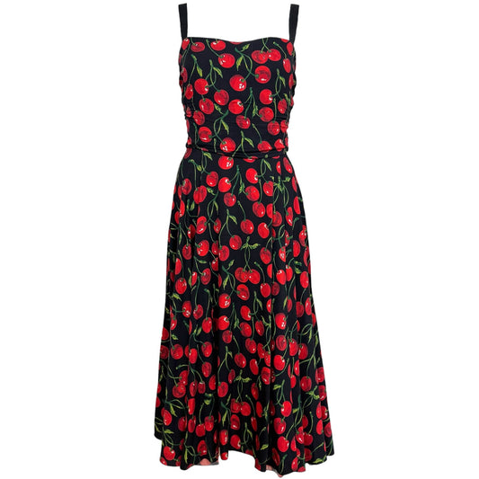 Dolce & Gabbana Black Red Cherry Print Silk Midi Dress