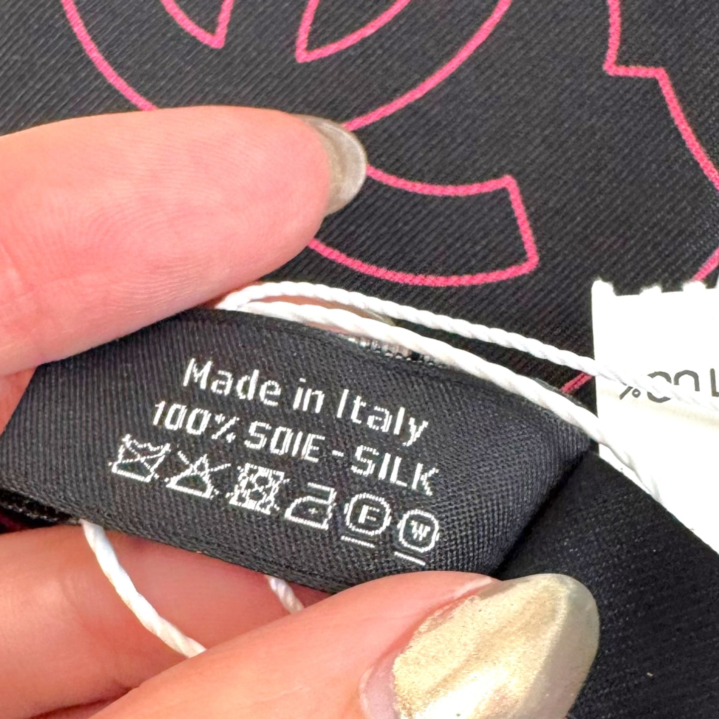 Chanel Pink & Black Logo Print Silk Twilly Scarf