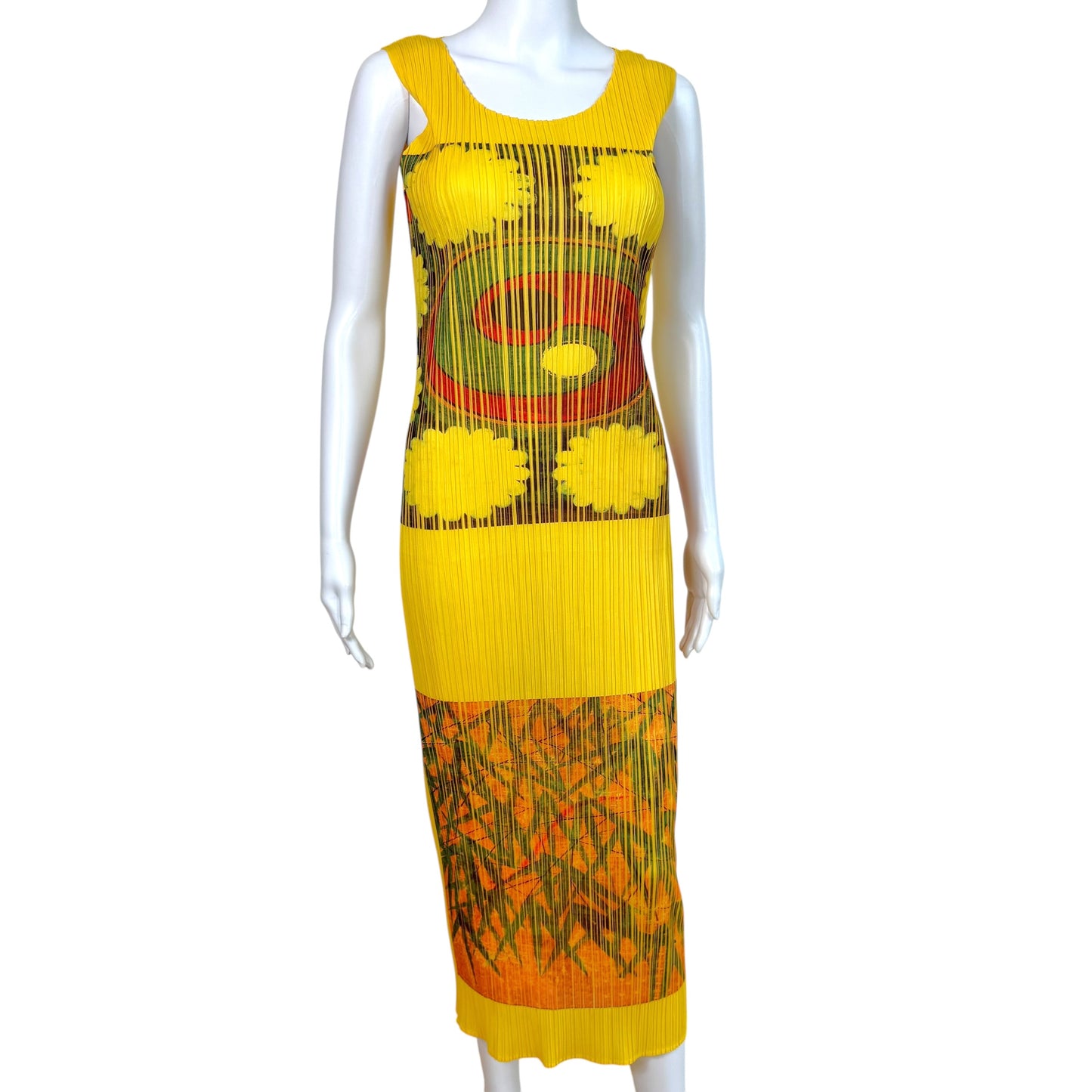 Issey Miyake Pleats Please Yellow Multi Yin-Yang & Bamboo Leaf Printed Dress Sz 3