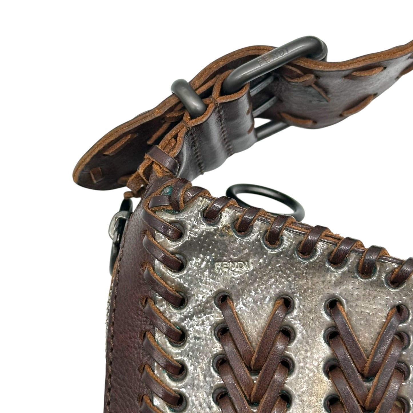 Fendi Dark Brown Woven Leather Oyster Bag