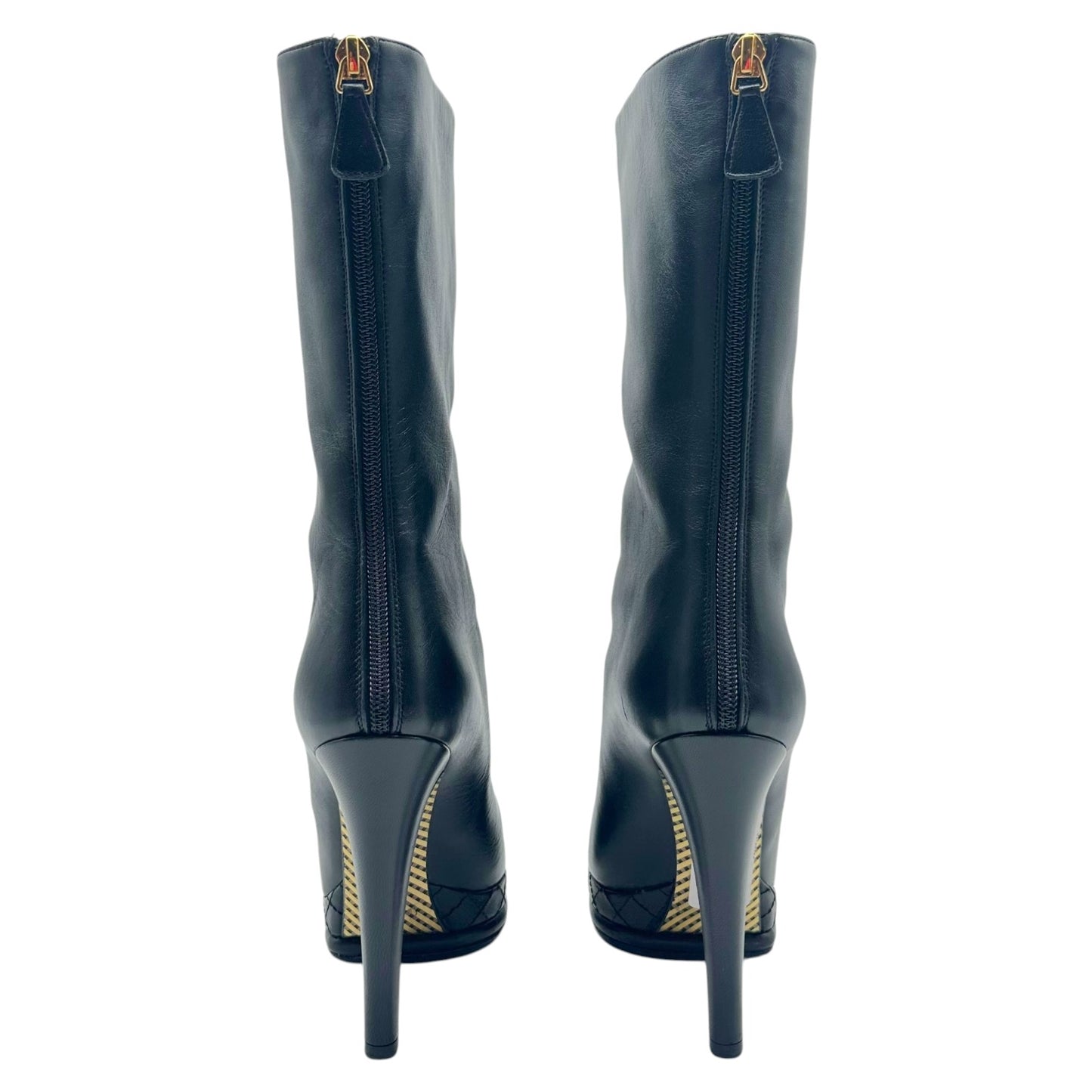 Chanel Black Leather CC Logo Toe Platform Heeled Boots