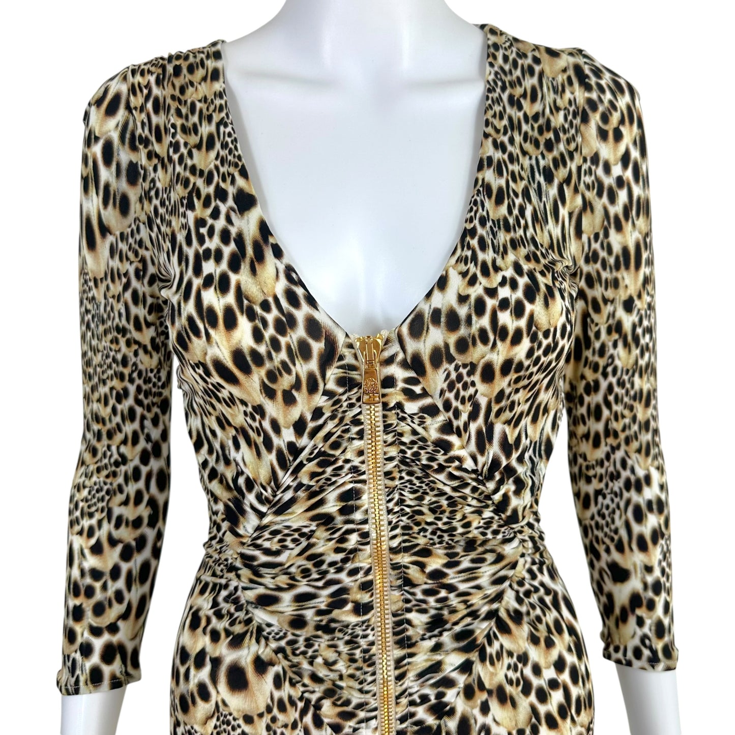 Roberto Cavalli Leopard Print Zippered 3/4 Sleeve Midi Dress