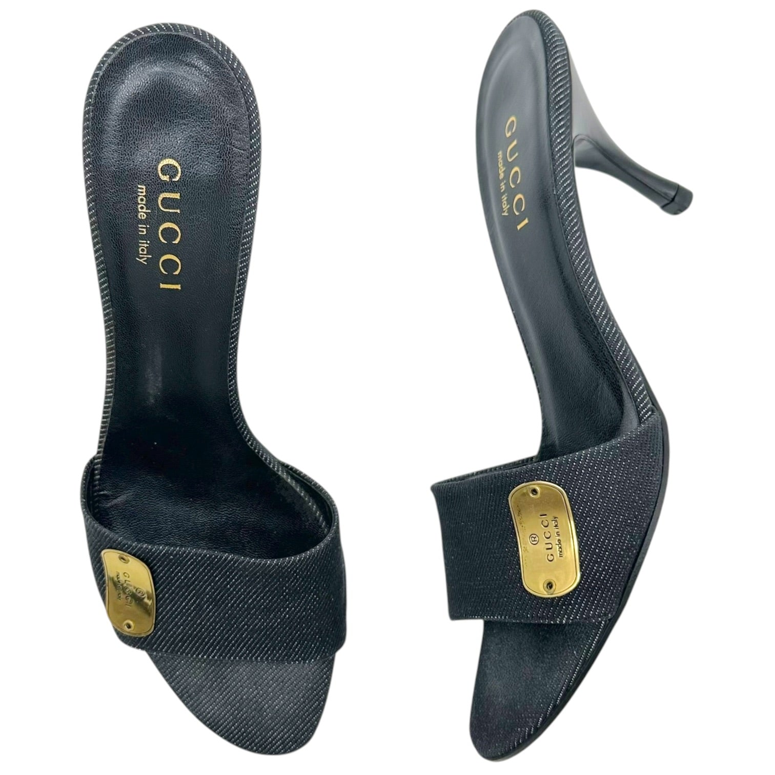 Gucci Dark Wash Denim Gold Kitten Heel Mules