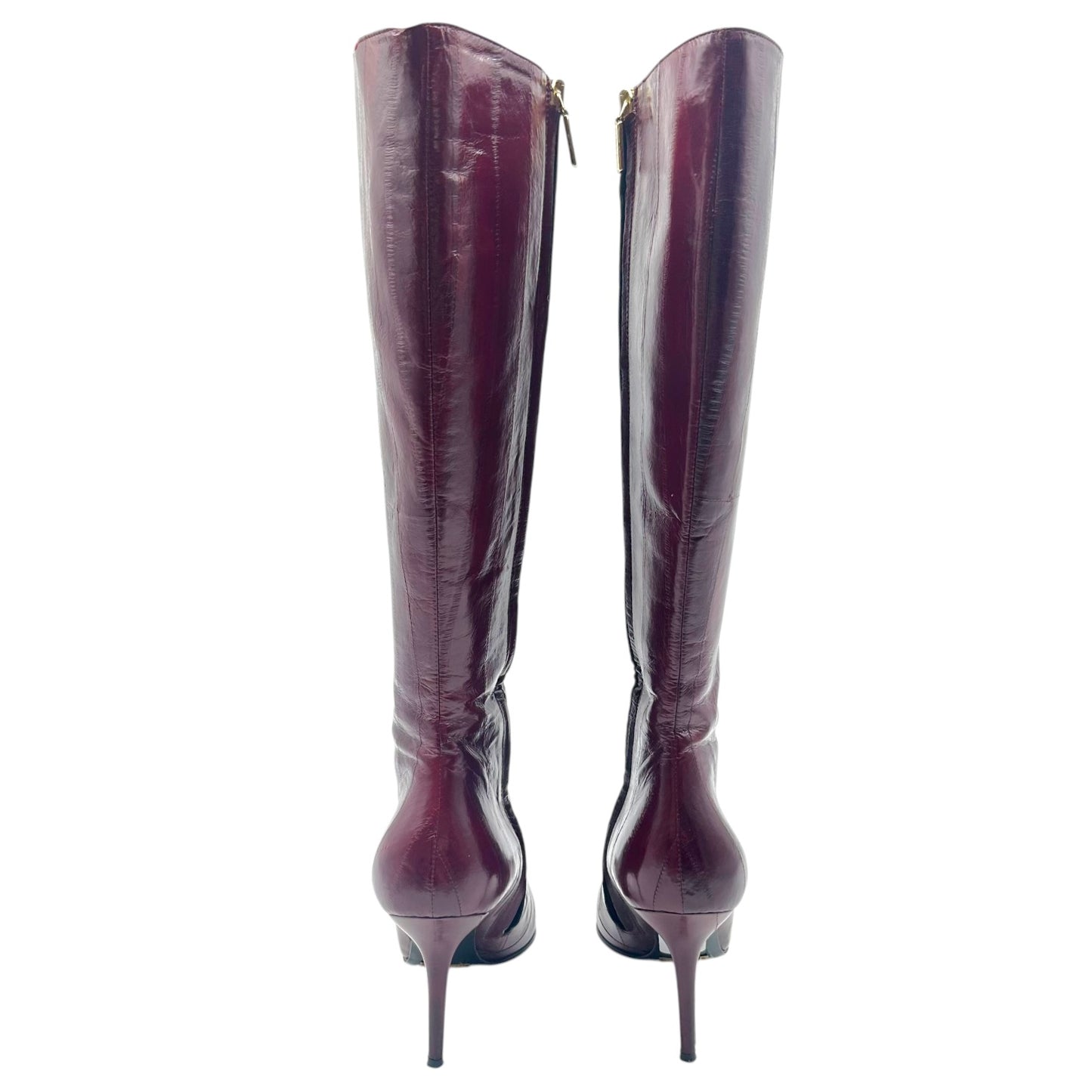 Dolce & Gabbana Burgundy Eel Skin Pointed Toe Knee High Heeled Boots