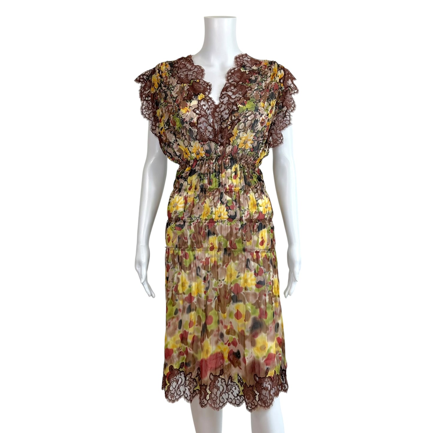 Jean Paul Gaultier Multicolor Floral Sheer Silk & Lace Side-Slit Mini Dress