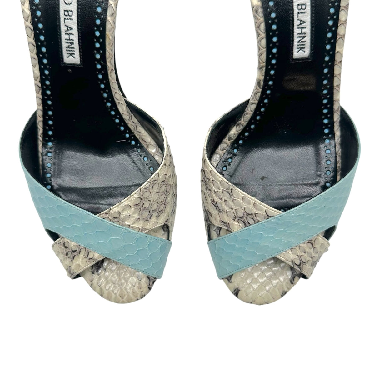 Manolo Blahnik Ivory & Light Blue Python Mule Sandal Heels
