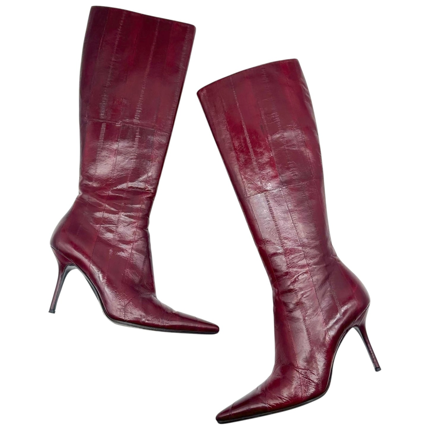 Dolce & Gabbana Burgundy Eel Skin Pointed Toe Knee High Heeled Boots