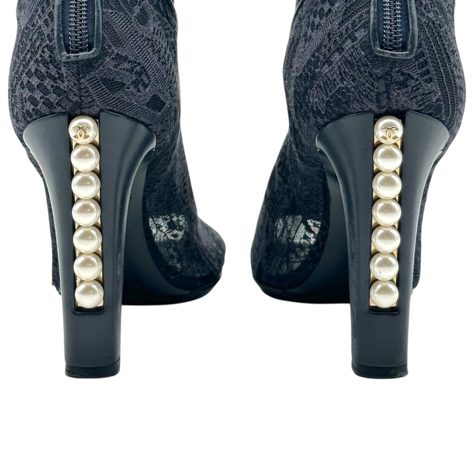 Chanel Peep-Toe Heeled Booties Black Lace Pearl Detail