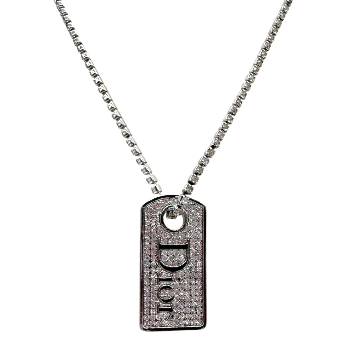 Christian Dior Silver Rhinestone Tennis Chain Logo Tag Necklace
