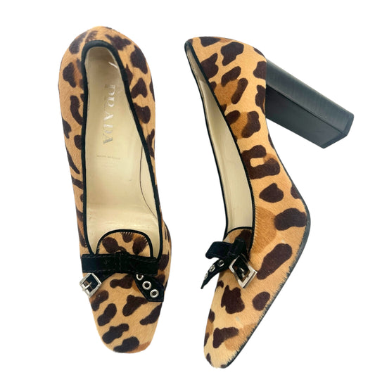 Prada Leopard Print Ponyhair Heeled Loafers